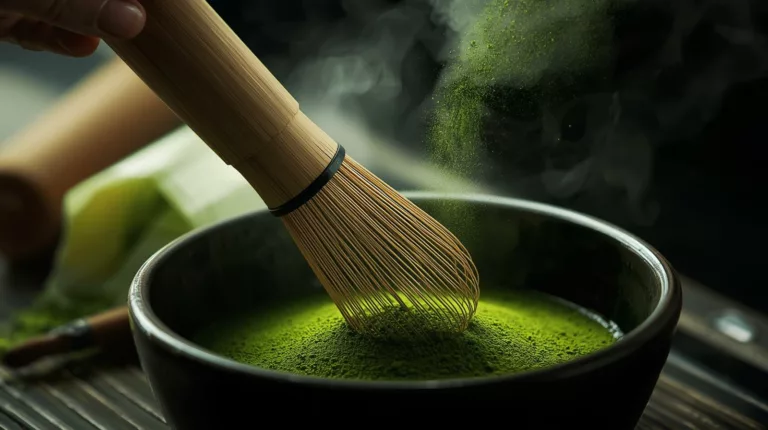 radycyjne przygotowanie matcha z bambusową miotełką i proszkiem zielonej herbaty