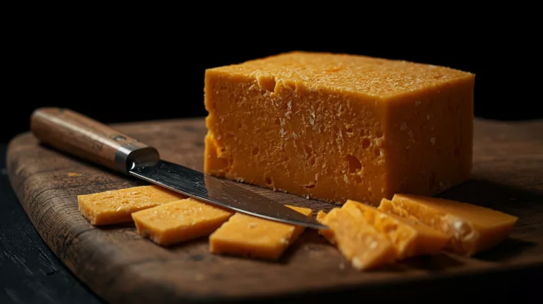 Ser cheddar dojrzewający na drewnianej desce z nożem sera i pokrojonymi plastrami