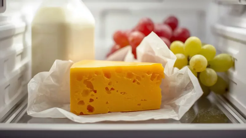 Kawałek sera cheddar owinięty w pergamin leżący w lodówce obok innych produktów