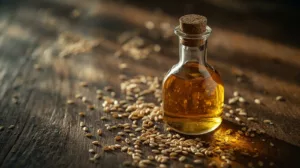 Olej sezamowy w szklanej butelce otoczony nasionami sezamu