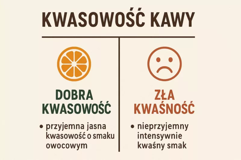 Infografika pokazująca różnice między dobrą kwasowością a złą kwaśnością kawy
