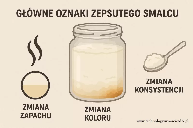 Infografika przedstawiająca główne oznaki zepsutego smalcu - zmiany zapachu, koloru i konsystencji. jak rozpoznać zepsuty smalec