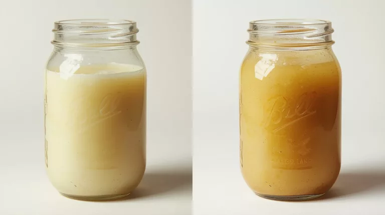 Porównanie świeżego białego smalcu z zepsutym żółtawym smalcem w szklanych słoikach