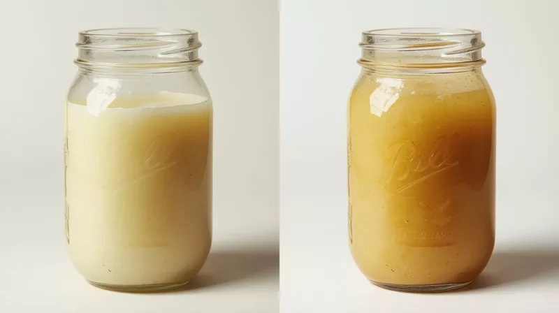 Porównanie świeżego białego smalcu z zepsutym żółtawym smalcem w szklanych słoikach