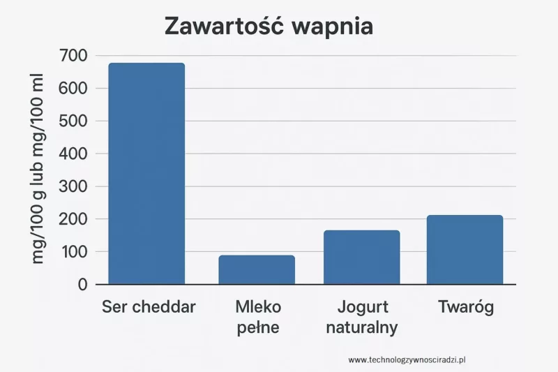 Wykres słupkowy porównujący zawartość wapnia w serze cheddar z innymi produktami mlecznymi