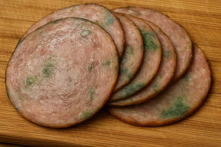 Pokrojona wędlina z widocznymi oznakami zepsucia - lepka powierzchnia i zmieniony kolor