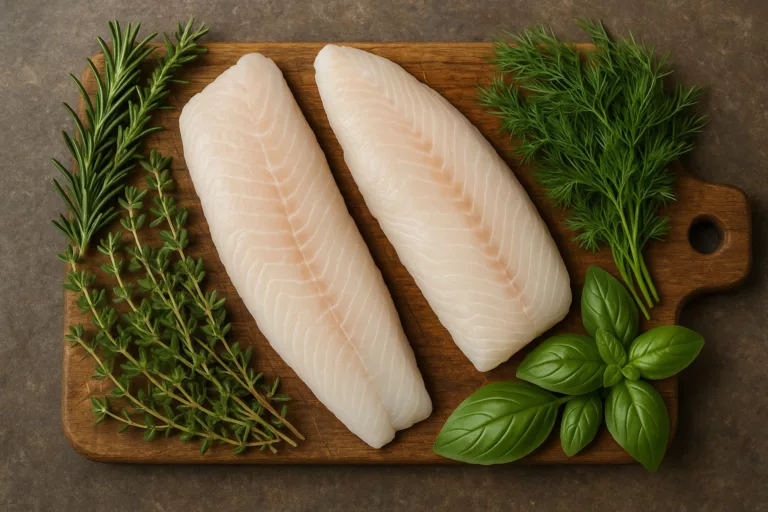 Świeże zioła do ryby - rozmaryn, tymianek, bazylia i koperek ułożone wokół filetów rybnych