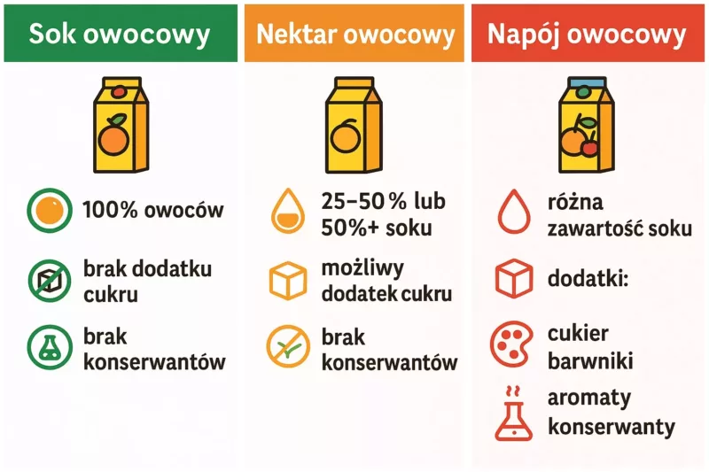 Infografika przedstawiająca różnice w składzie soku, nektaru i napoju owocowego