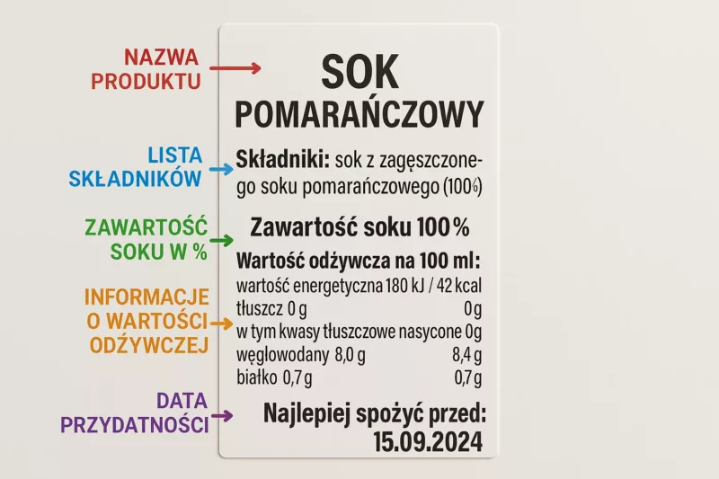 Instrukcja jak czytać etykietę soku owocowego z zaznaczonymi najważniejszymi informacjami