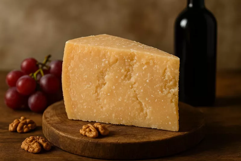 Ser Grana Padano DOP z charakterystycznymi kryształkami na drewnianej desce serów z winogronami i orzechami