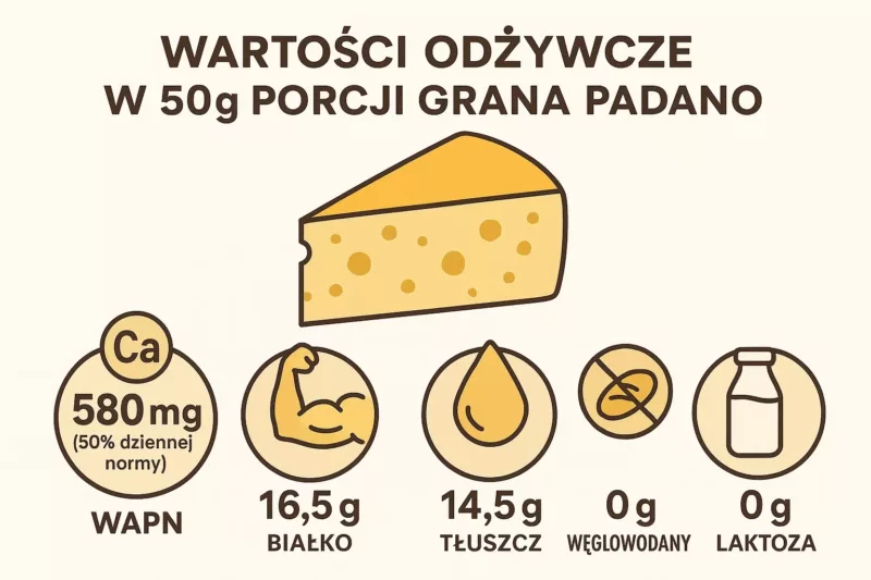 Infografika przedstawiająca wartości odżywcze 50 gramów sera Grana , zawartość wapnia, białka i witamin