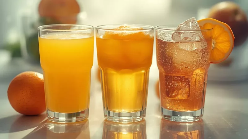 Porównanie soku owocowego, nektaru i napoju owocowego w szklankach obok świeżych owoców