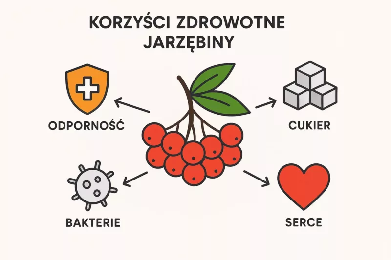 Prosty schemat pokazujący korzyści zdrowotne jarzębiny: odporność, cukier, serce, bakterie