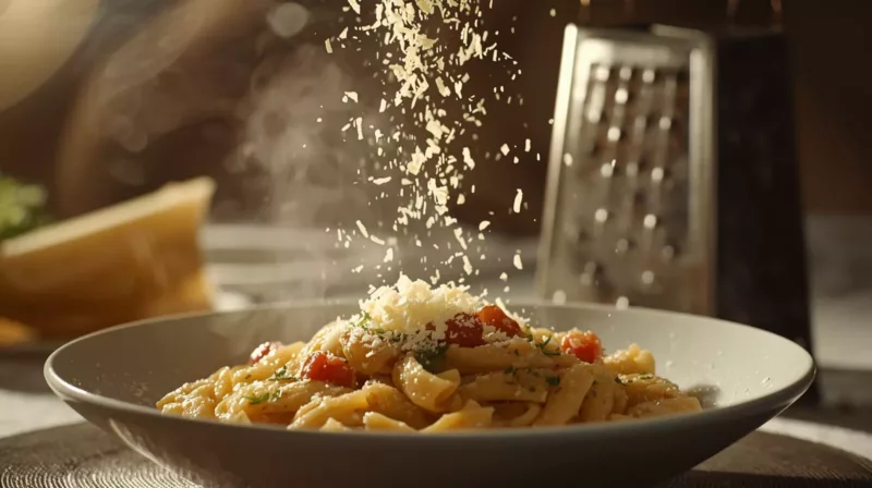 Świeżo starty ser Grana Padano posypany na włoski makaron, wykorzystanie kulinarne sera