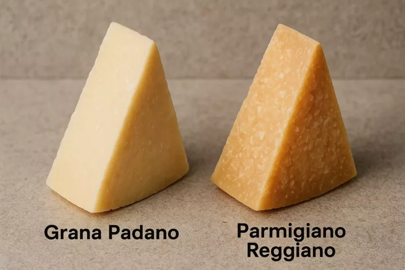 Porównanie wizualne sera Grana Padano i Parmigiano Reggiano, różnice w kolorze i teksturze