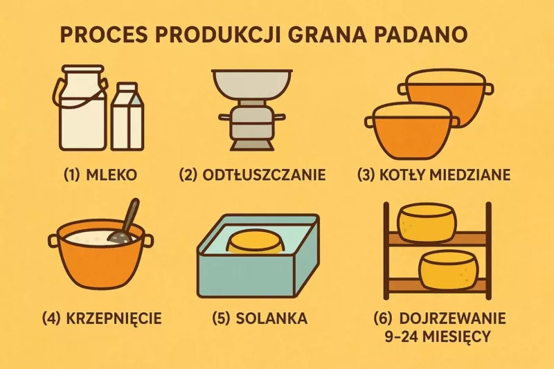Infografika przedstawiająca proces produkcji sera Grana Padano DOP od mleka do dojrzałego sera
