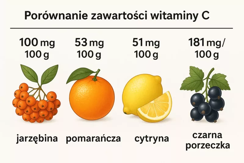 Porównanie zawartości witaminy C: jarzębina, pomarańcza, cytryna, czarna porzeczka