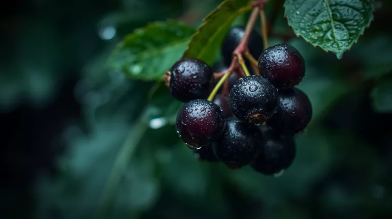 Dojrzałe owoce czarnego bzu - ciemnofioletowe jagody na krzaku