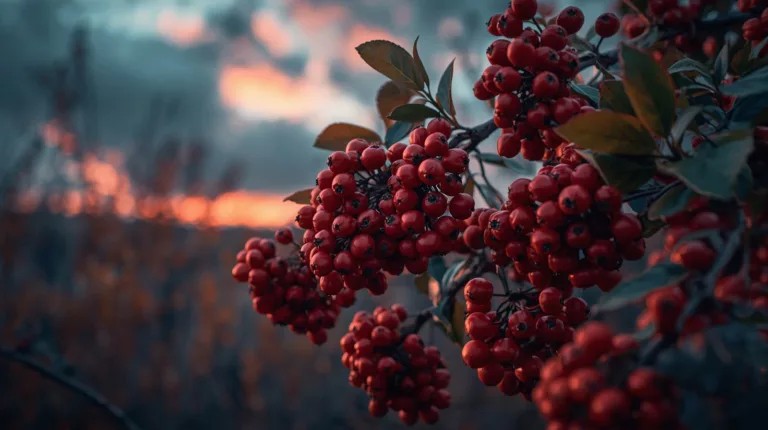 Dojrzałe czerwone owoce jarzębiny pospolitej na gałęzi jesienią