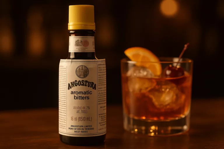Butelka Angostura Bitters z koktajlem Old Fashioned na drewnianym barze