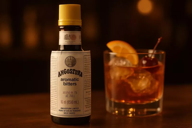 Butelka Angostura Bitters z koktajlem Old Fashioned na drewnianym barze
