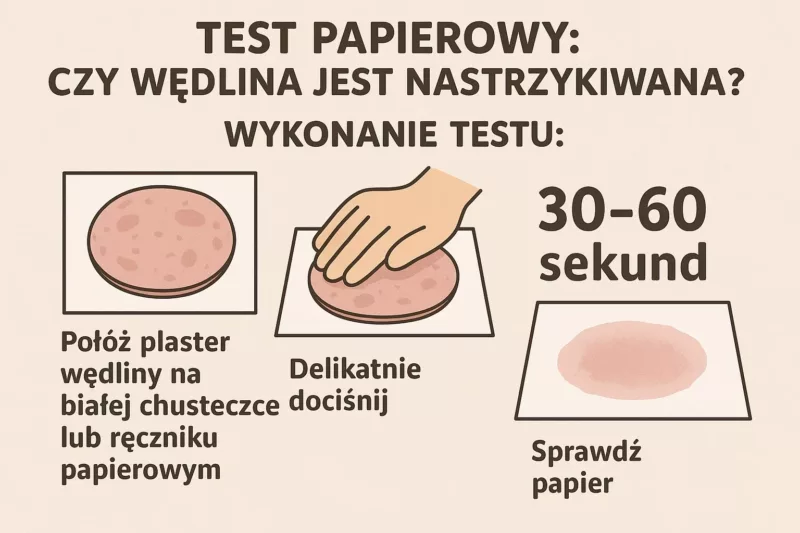 Infografika przedstawiająca test papieru do rozpoznawania wędliny nastrzykiwanej