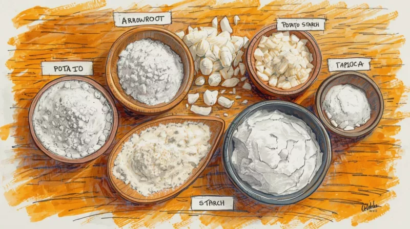 Zamienniki arrowroot - różne rodzaje skrobi w miseczkach widok z góry