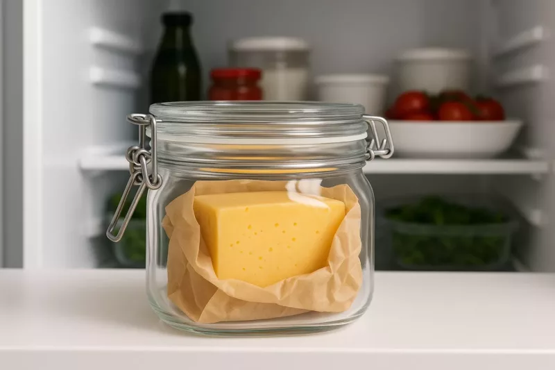 Prawidłowe przechowywanie sera żółtego w lodówce - papier i pojemnik hermetyczny