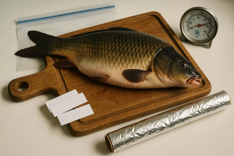 Jak mrozić karpia – karp na desce z materiałami do pakowania i zamrażania