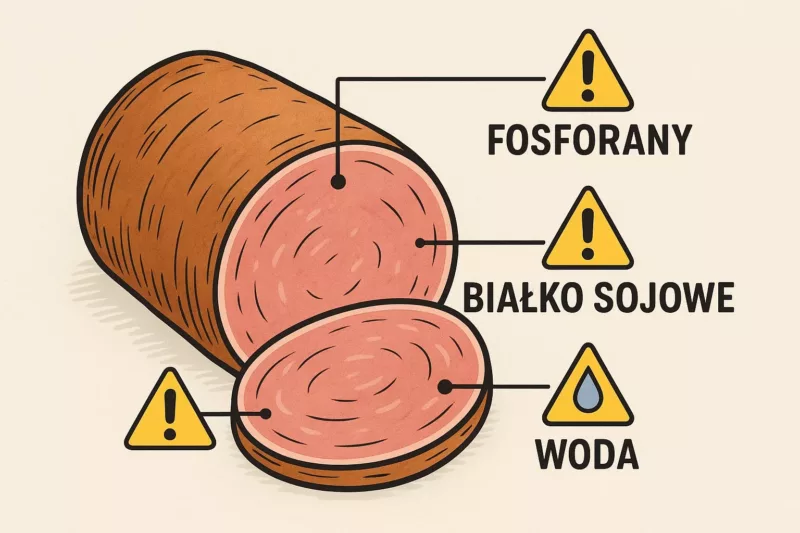 Etykieta wędliny z oznaczonymi czerwonymi flagami - fosforany, białko sojowe, woda wędlina nastrzykiwana