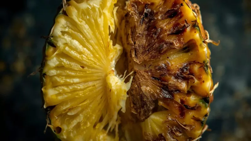 Porównanie miąższu świeżego i zepsutego ananasa w przekroju