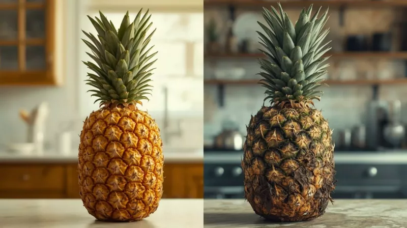 zepsuty ananas Porównanie świeżego i zepsutego ananasa z widocznymi objawami psucia