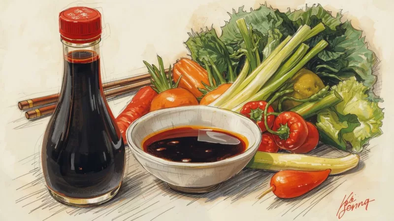 Butelka sosu sojowego z miseczką na drewnianym blacie kuchennym