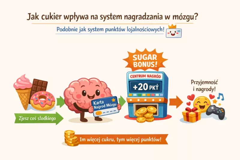 Schemat pokazujący jak cukier aktywuje system nagradzania w mózgu człowieka