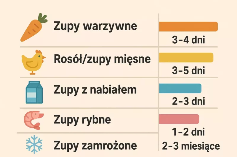 Infografika pokazująca czas bezpiecznego przechowywania różnych rodzajów zupy w lodówce