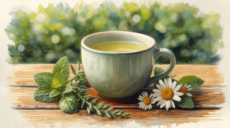 Filiżanka herbaty ziołowej otoczona świeżymi ziołami na drewnianym stole