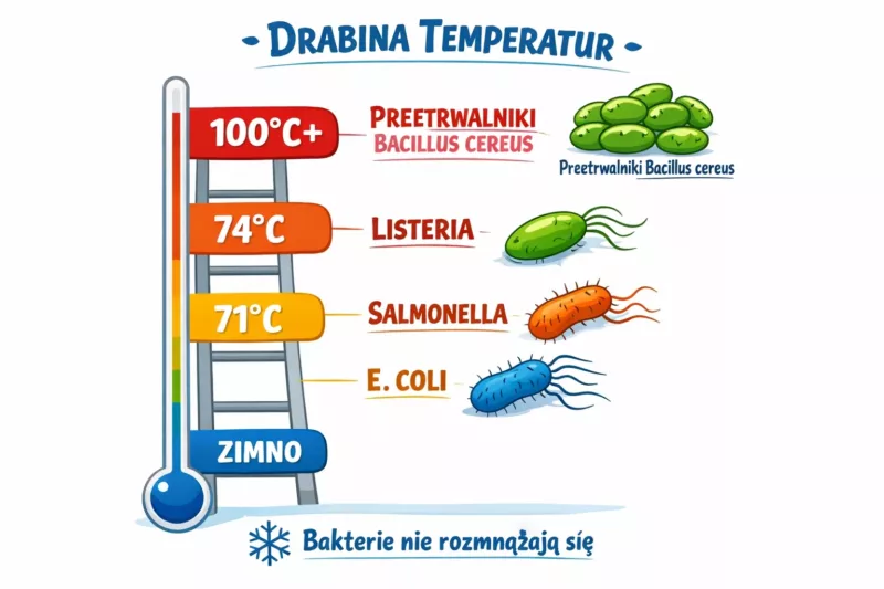 Infografika pokazująca temperatury potrzebne do zabicia różnych bakterii w mikrofalówce