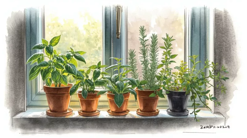 Domowy ogródek ziołowy na parapecie z doniczkami bazylii tymianku i innych ziół kulinarnych do uprawy w mieszkaniu