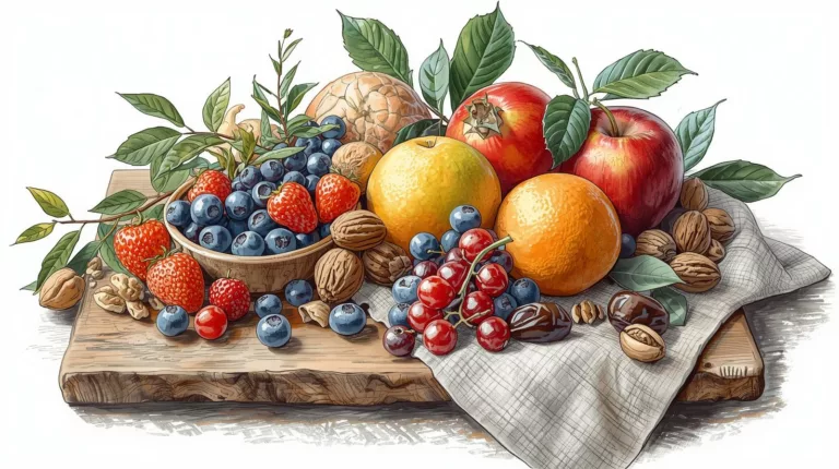 Zdrowe zamienniki słodyczy - świeże owoce, orzechy i suszone daktyle na drewnianej desce