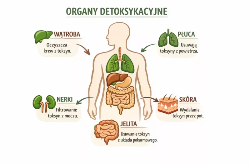Infografika pokazująca naturalne narządy detoksyfikacyjne w organizmie: wątrobę, nerki, jelita, płuca i skórę
