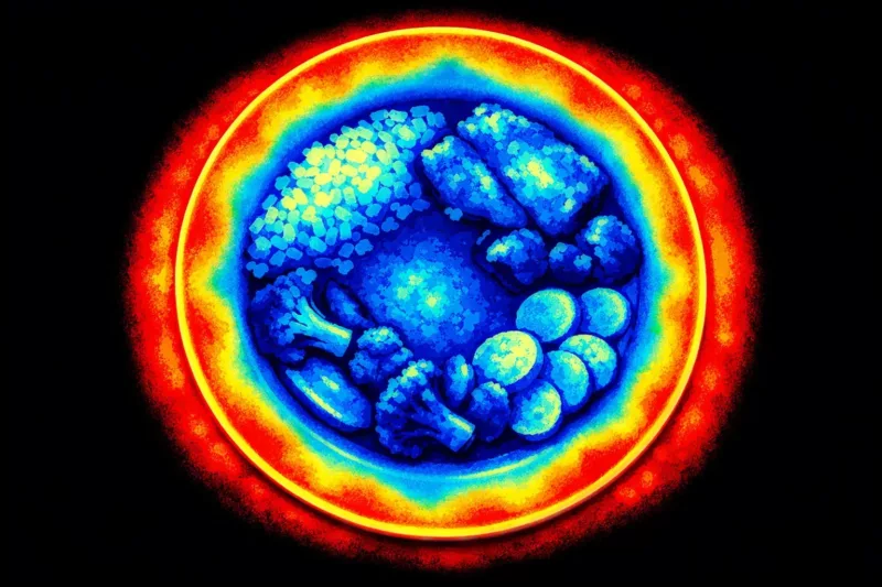 Diagram pokazujący nierównomierne rozłożenie temperatury w jedzeniu podgrzanym w mikrofalówce
