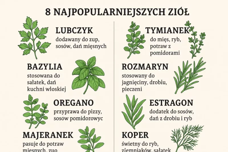 Przewodnik po ośmiu najlepszych ziołach kulinarnych zastępujących sól: lubczyk bazylia oregano majeranek tymianek rozmaryn estragon koper z opisem zastosowań