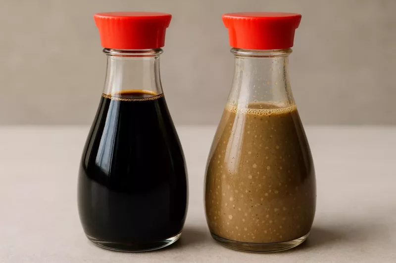 Porównanie świeżego i zepsutego sosu sojowego w butelkach