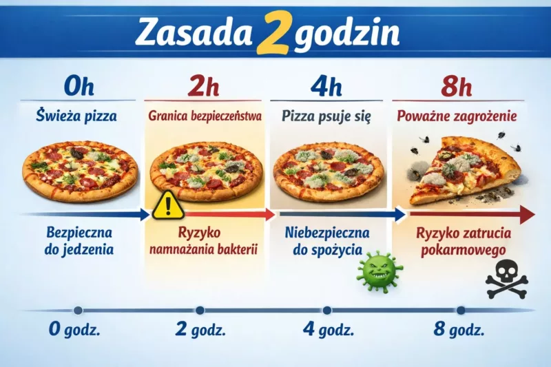 Schemat pokazujący rozwój bakterii w pizzy pozostawionej w temperaturze pokojowej w czasie