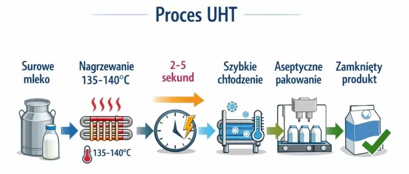 Infografika przedstawiająca proces sterylizacji UHT mleka krok po kroku od surowca do gotowego produktu