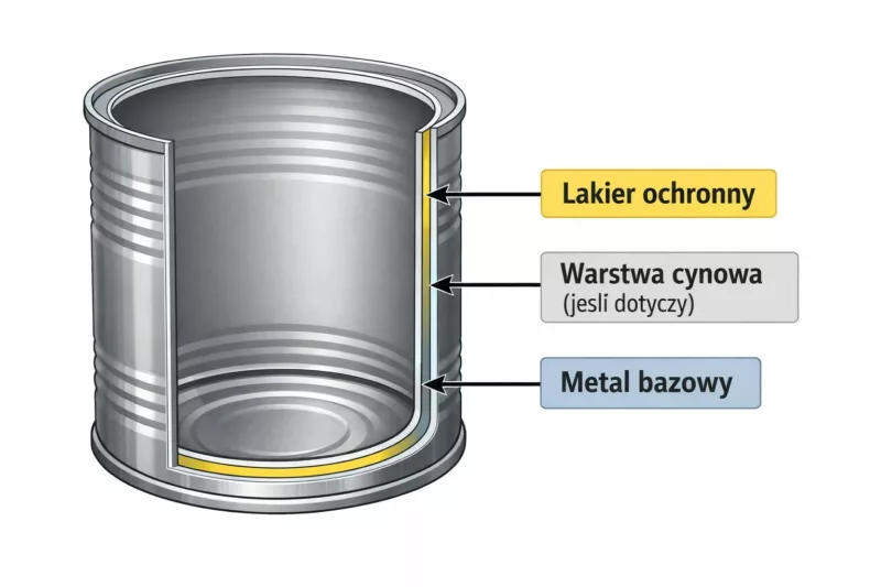 Schemat budowy nowoczesnej puszki konserwy z warstwą ochronną zapobiegającą korozji