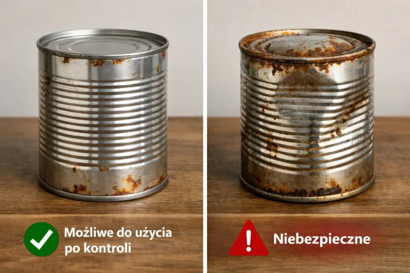 Porównanie bezpiecznej rdzy zewnętrznej i niebezpiecznej korozji wewnętrznej puszki