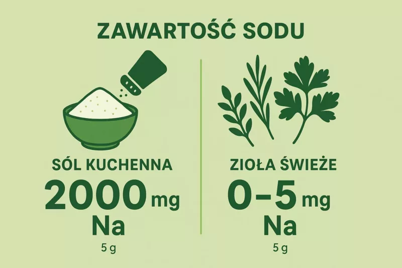 Infografika porównująca zawartość sodu w soli kuchennej i świeżych ziołach kulinarnych pokazująca przewagę ziół w redukcji spożycia sodu