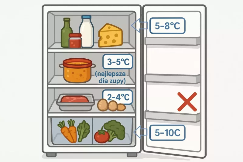 Schemat rozkładu temperatur na półkach lodówki z zaznaczeniem najlepszego miejsca na zupę