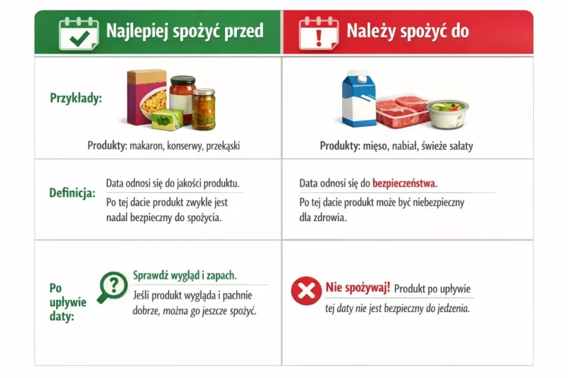 Tabela porównawcza różnic między datą minimalnej trwałości a terminem przydatności do spożycia produktów